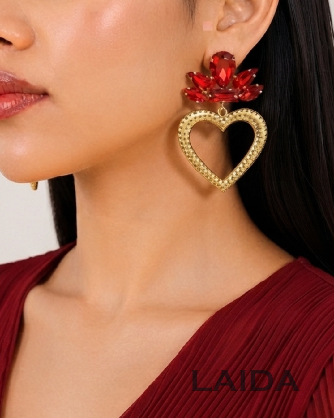 Crystal Rhinestone Red Heart Drop Earrings