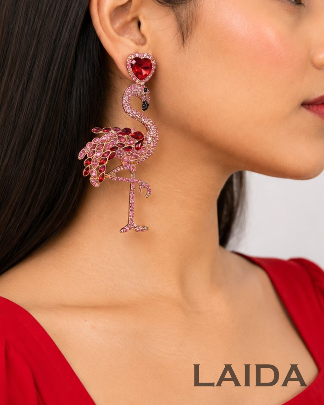 Pink Retro Flamingo Rhinestone Drop Earrings