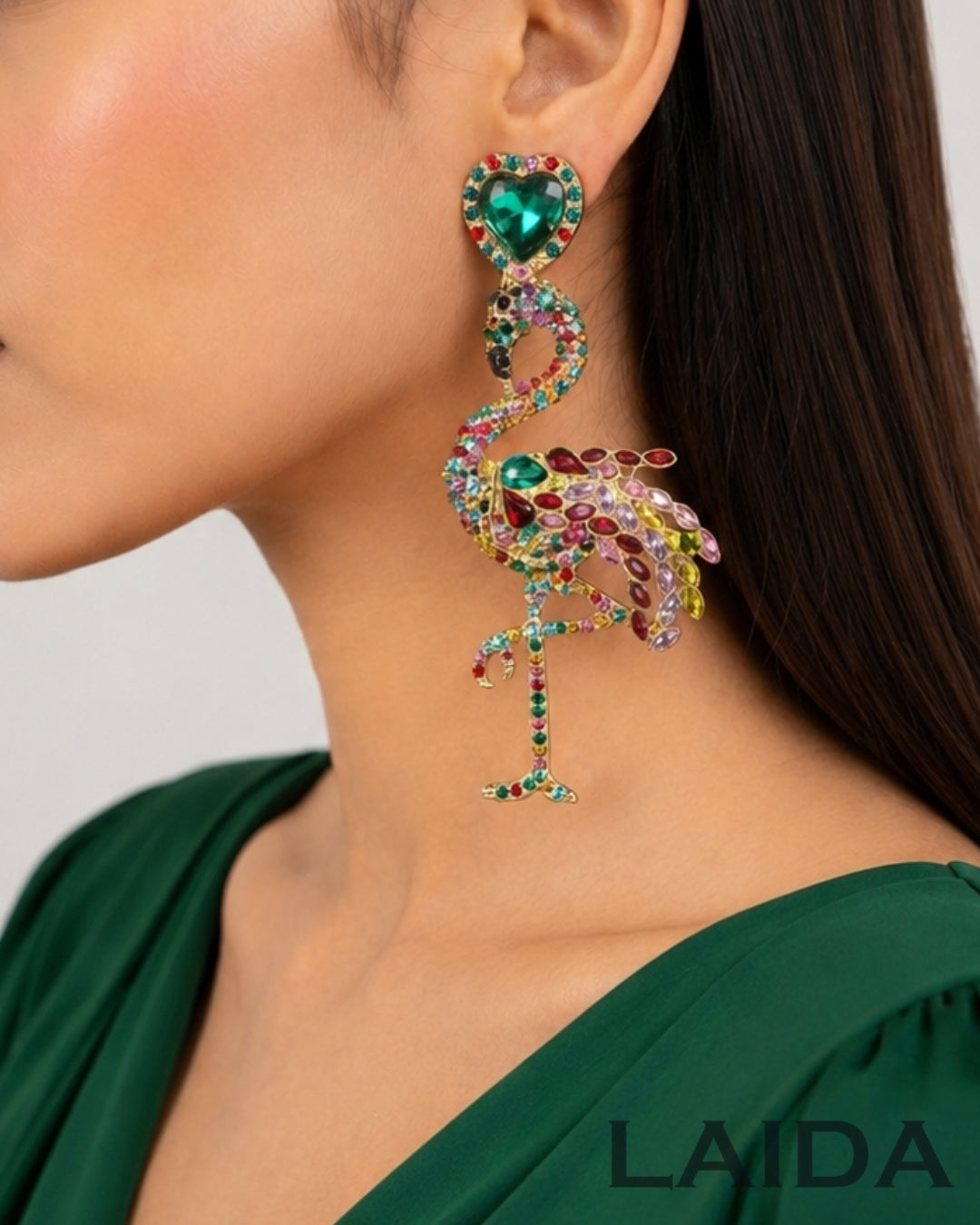Green Retro Flamingo Rhinestone Drop Earrings