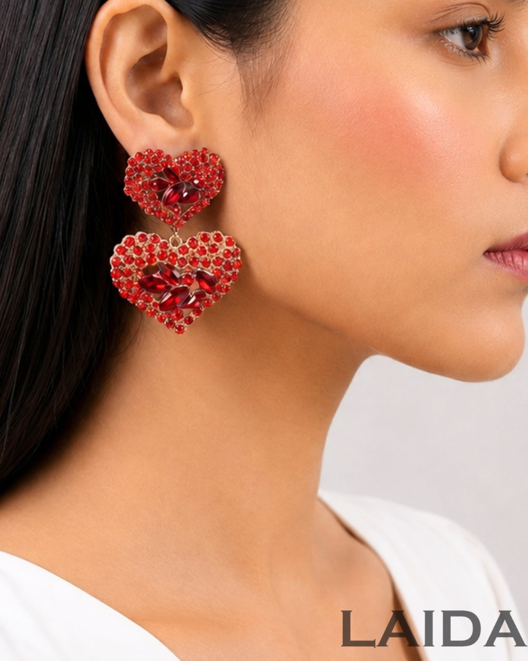 Red American Diamond Heart Drop Earrings