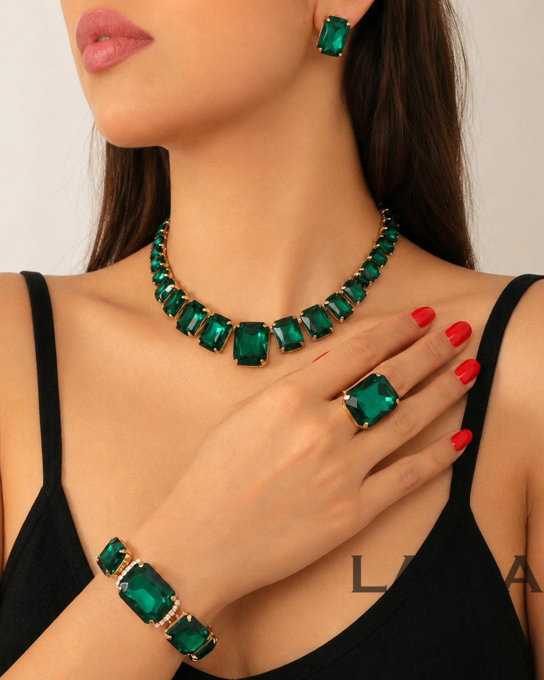 Emerald Green Square Rhinestone Necklace With Earrings Bracelet And Ring