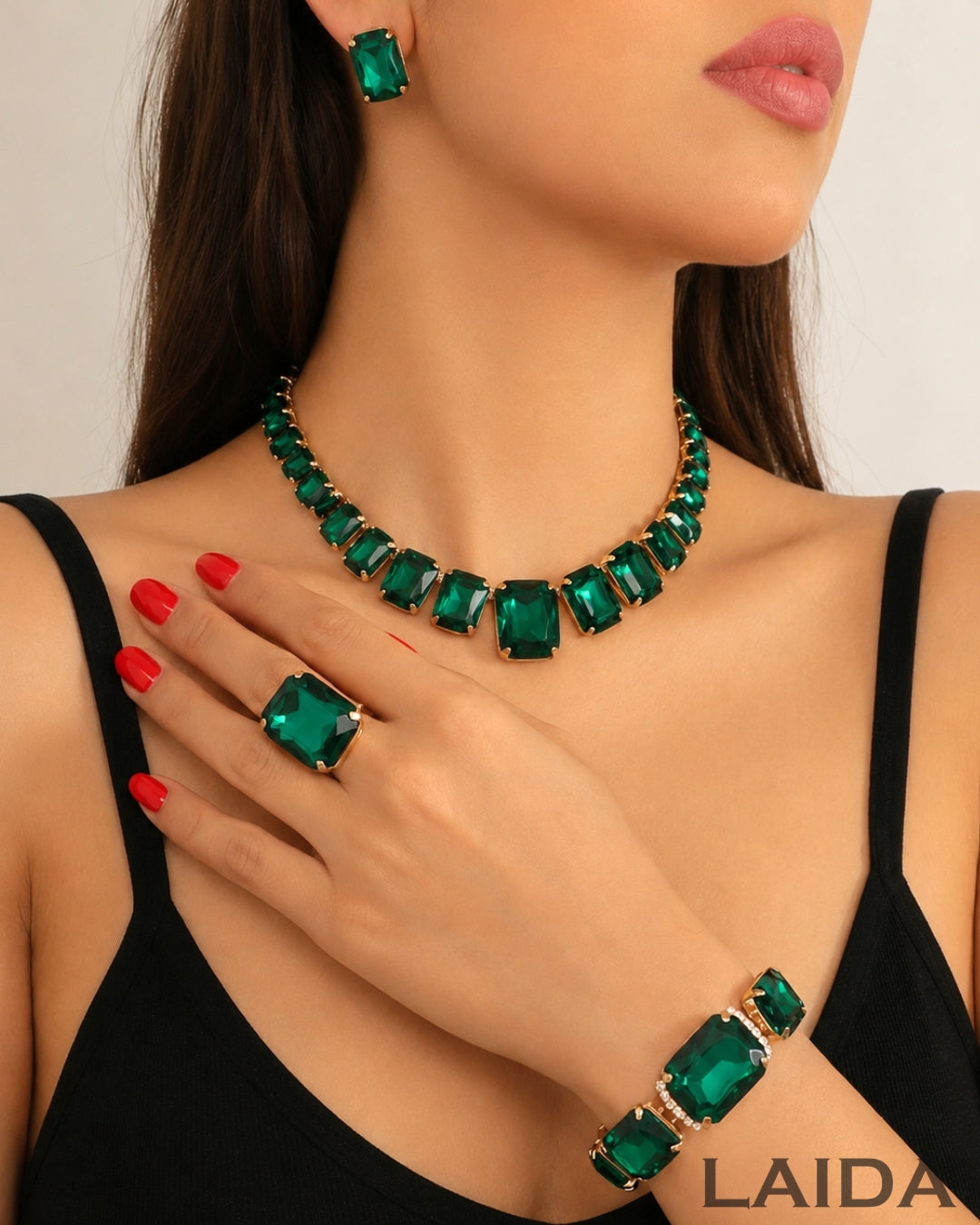 Emerald Green Square Rhinestone Necklace With Earrings Bracelet And Ring