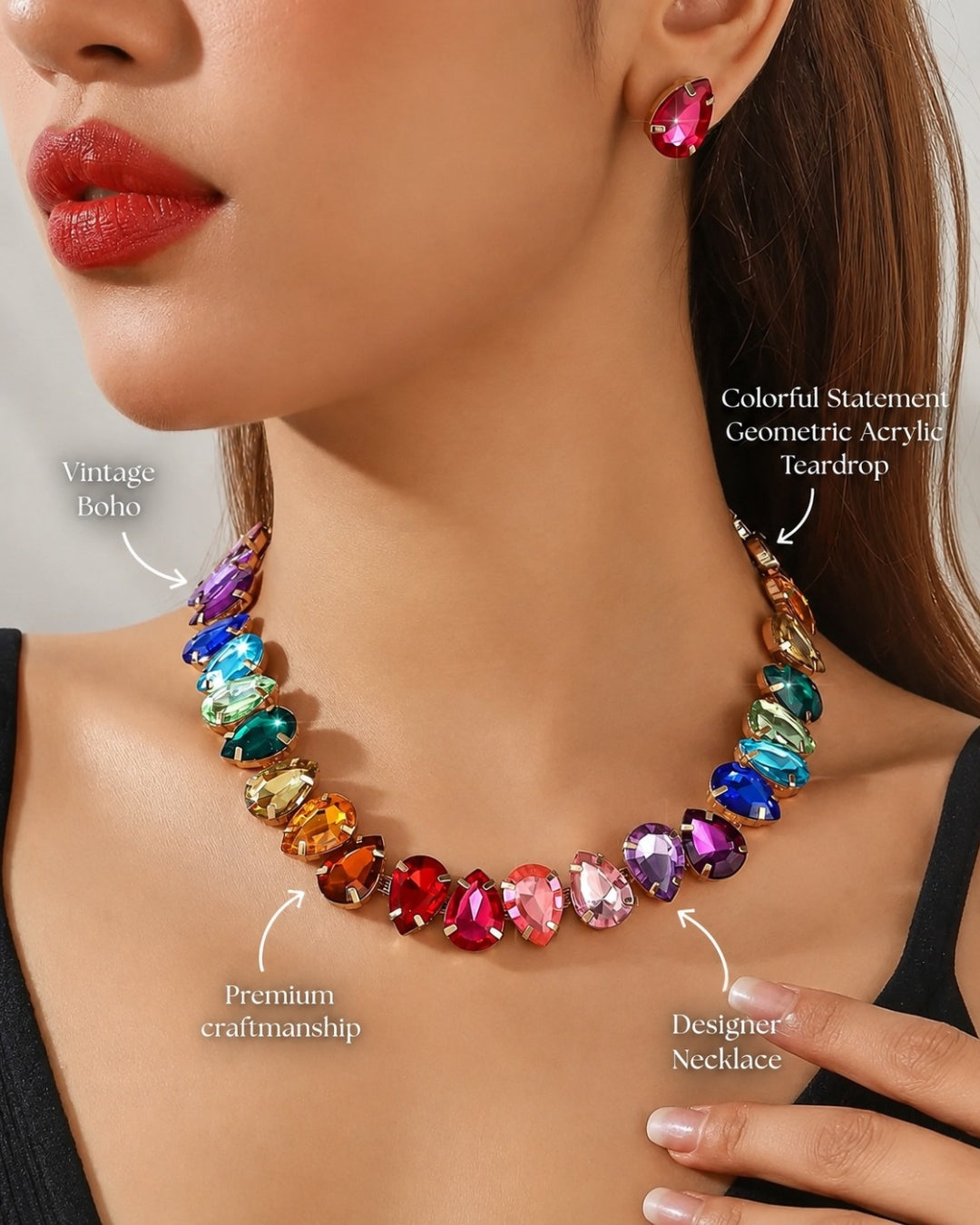 Vintage Multicolor Teardrop Necklace With Earrings