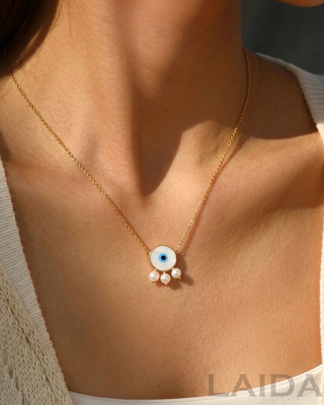 White Evil Eye Pendant With Pearls