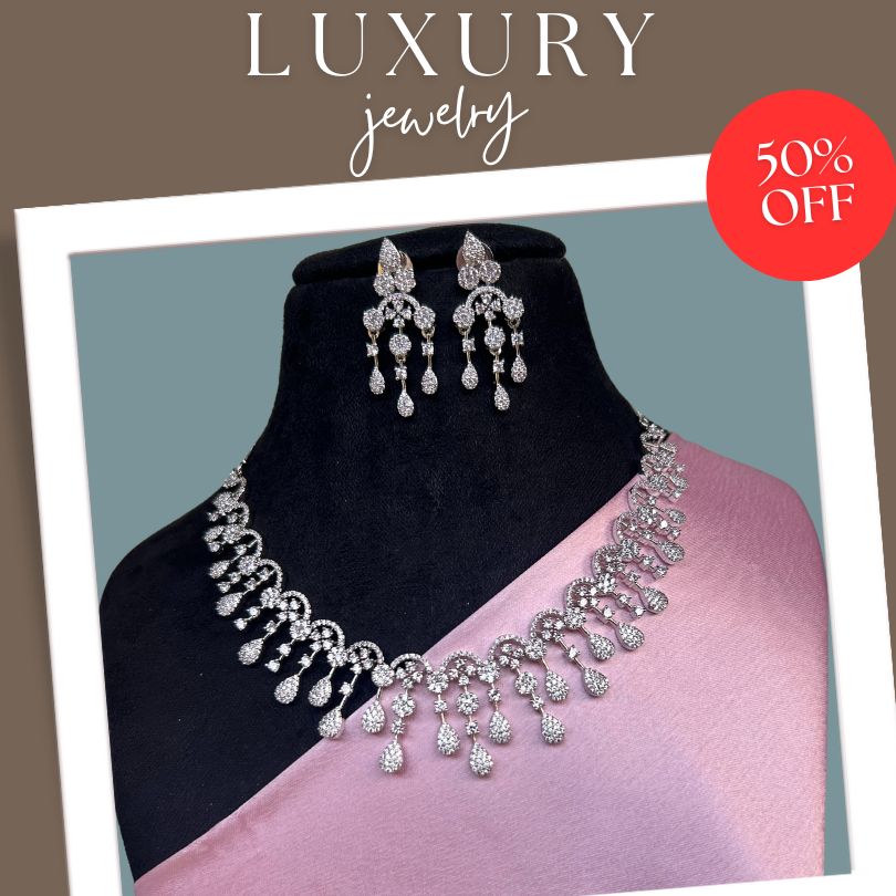 Silver Statement American Diamond Necklace Set