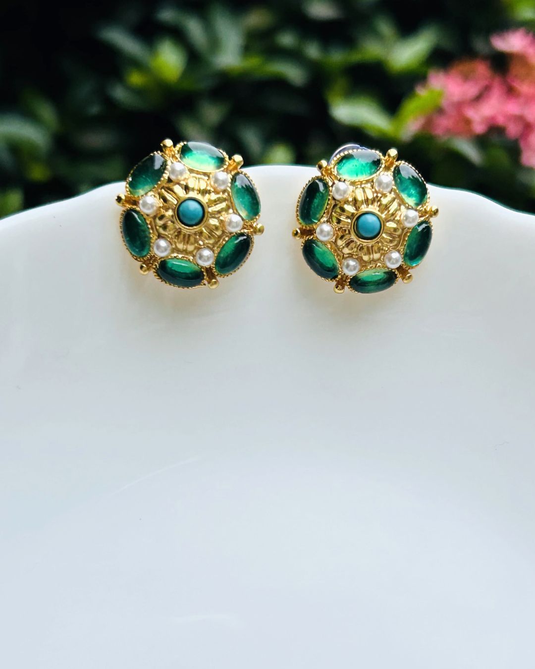 Emerald Green Pearl Stud Earrings