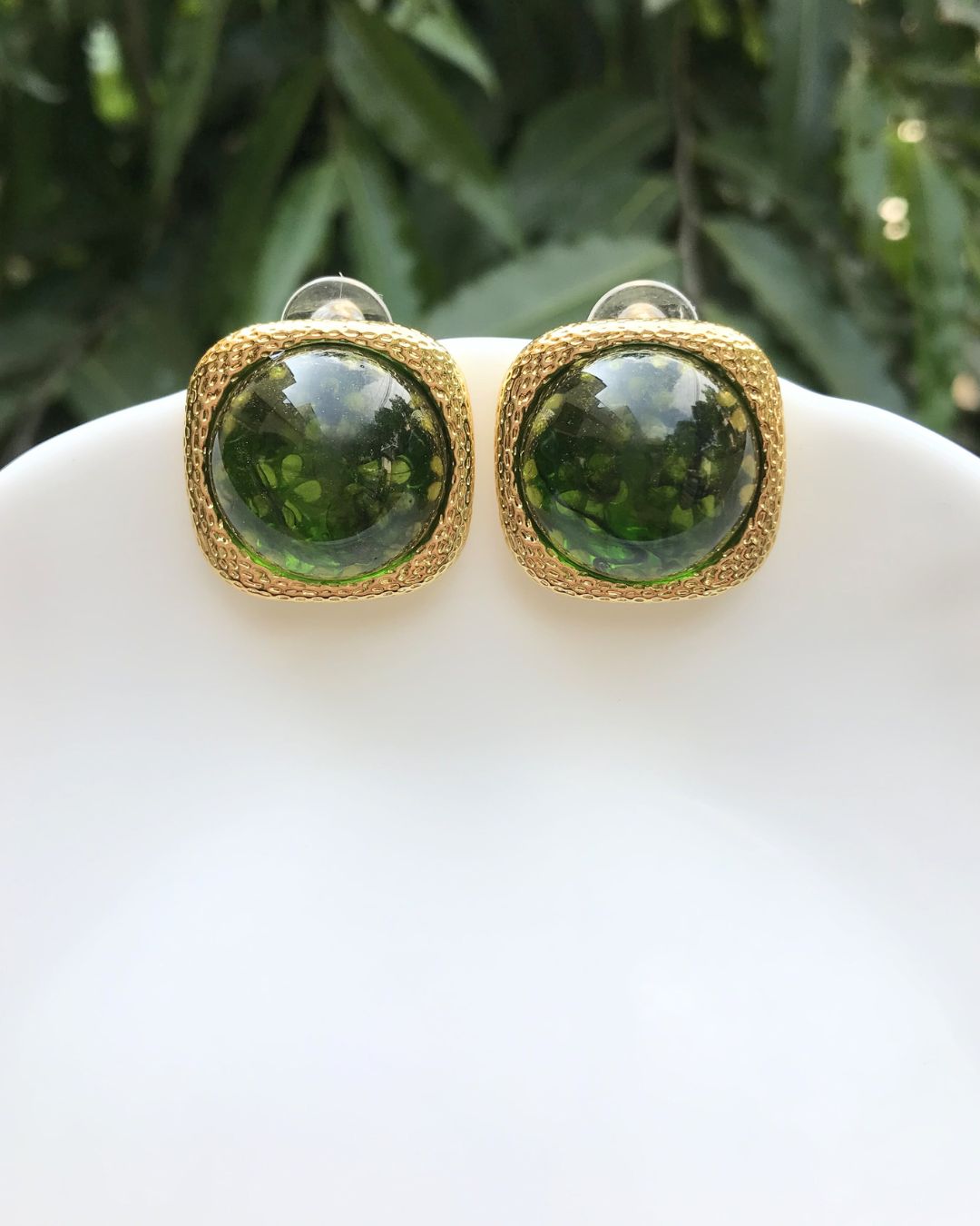 Emerald Green Dome Stud Earrings