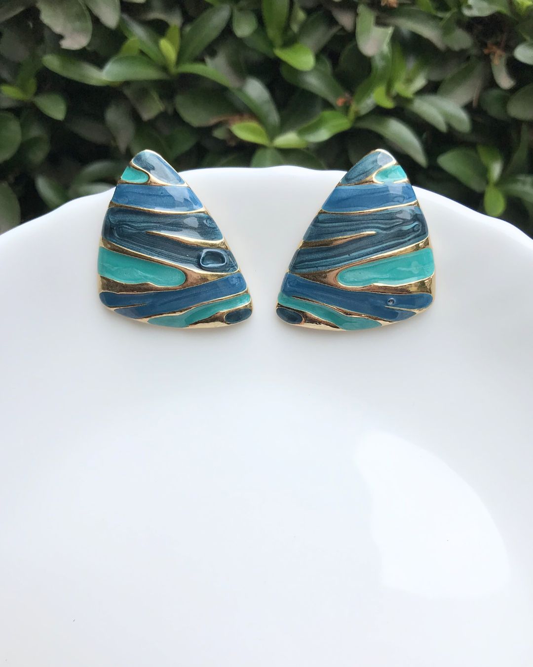 Blue Wave Triangle Stud Earrings