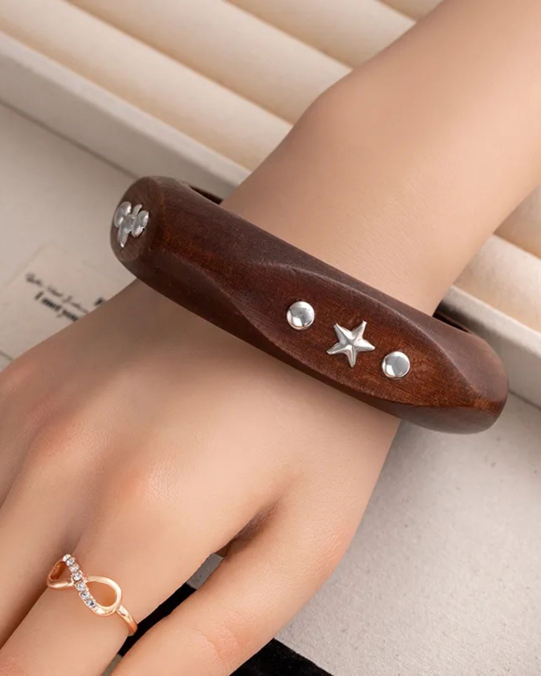Brown Wooden Vintage Silver Star Bracelet