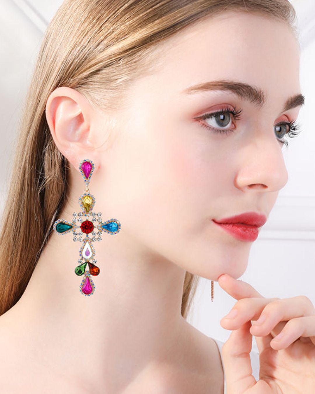 Multi Rhinestone Cross Statement Drop Earrings