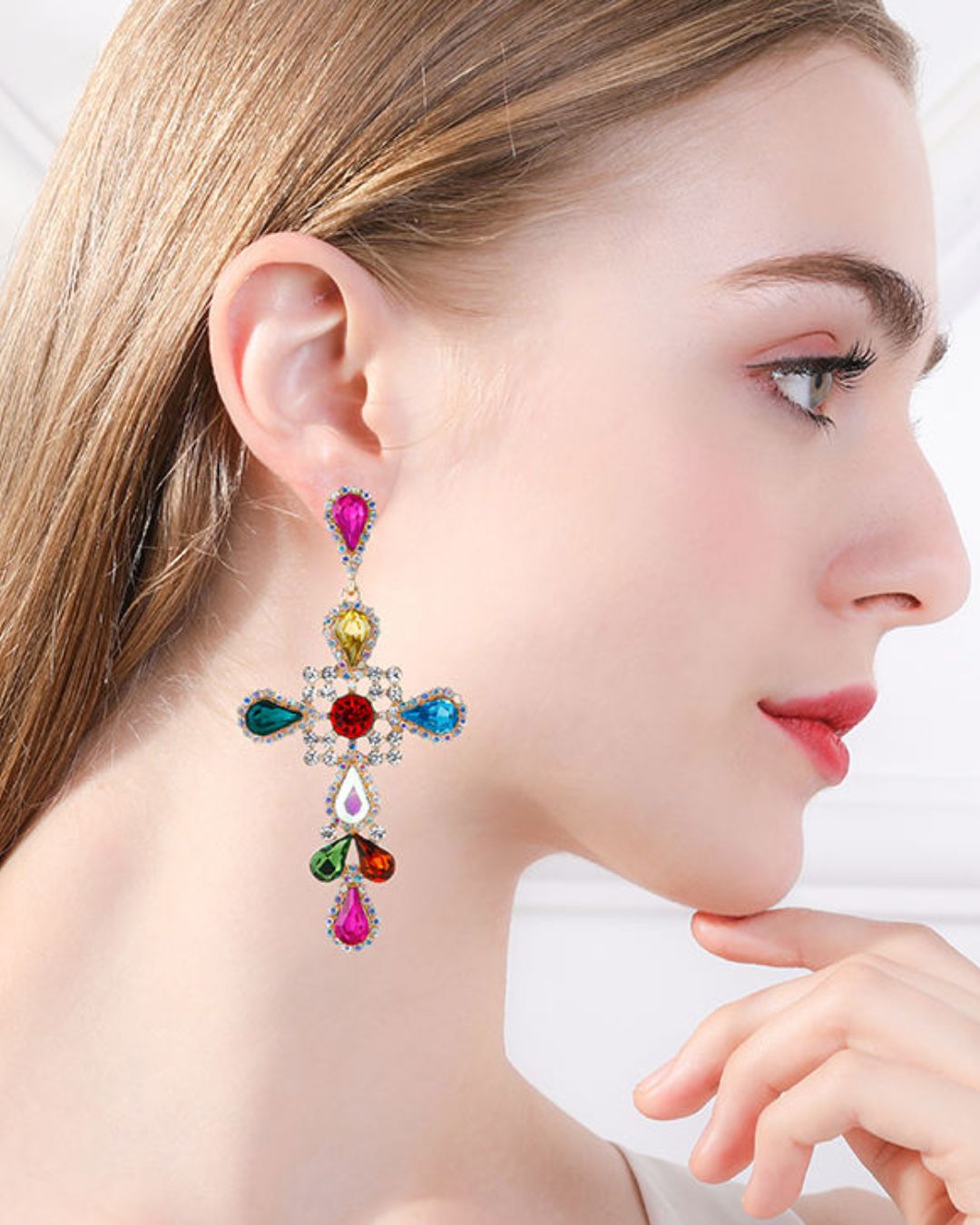 Multi Rhinestone Cross Statement Drop Earrings