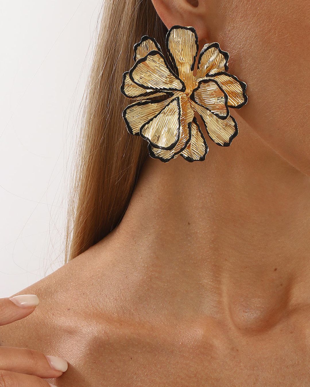 Black Enamel Floral Statement Gold Stud Earrings