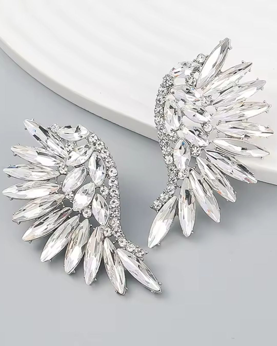 Silver Statement Rhinestone Wings Stud Earrings