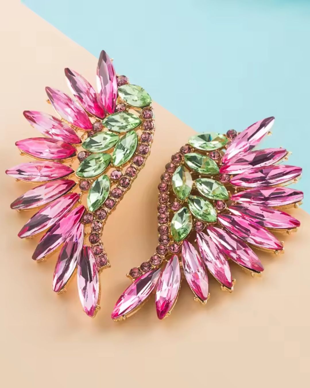 Pink Statement Rhinestone Wings Stud Earrings