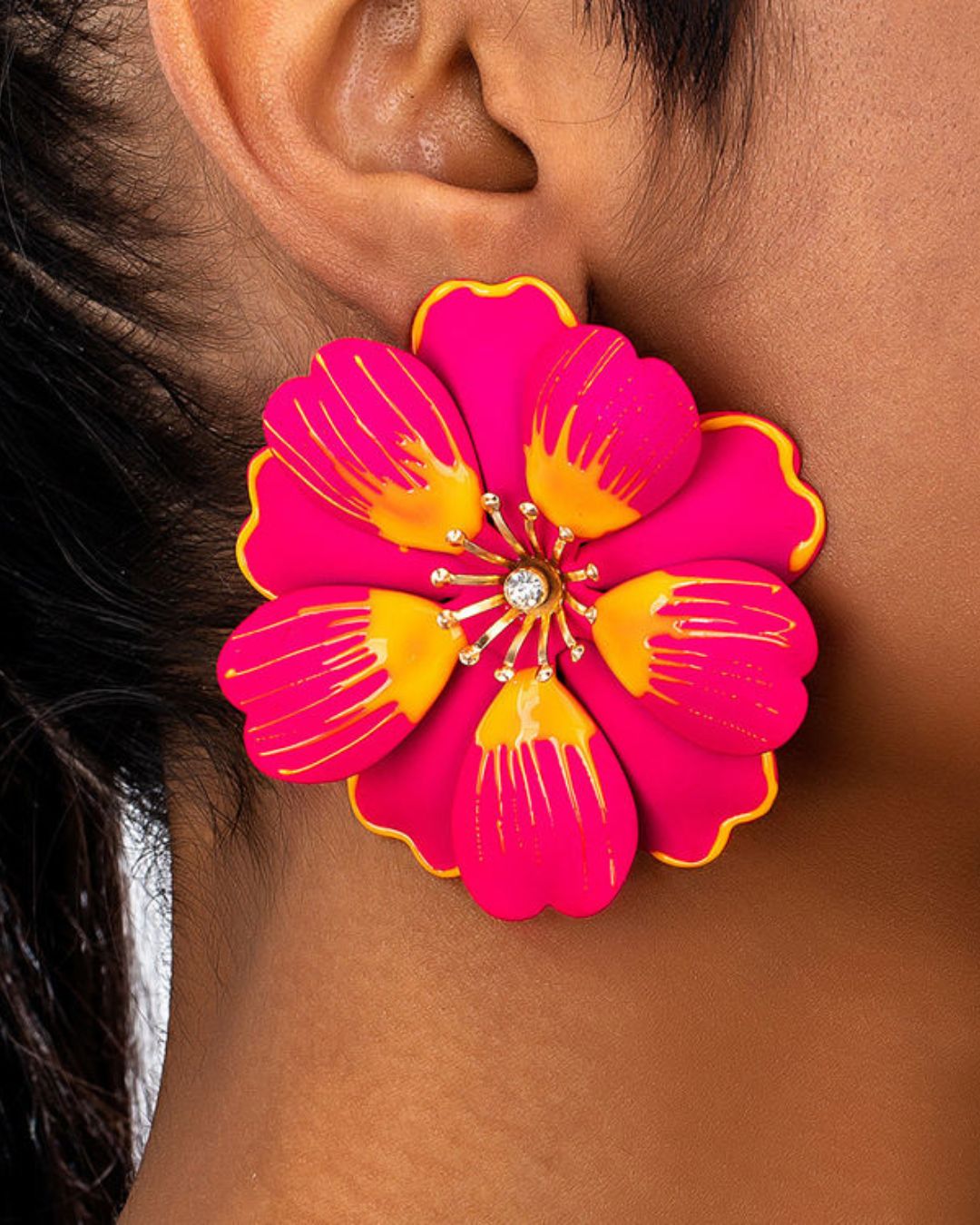Pink Petal Enamel Flower Drop Earrings