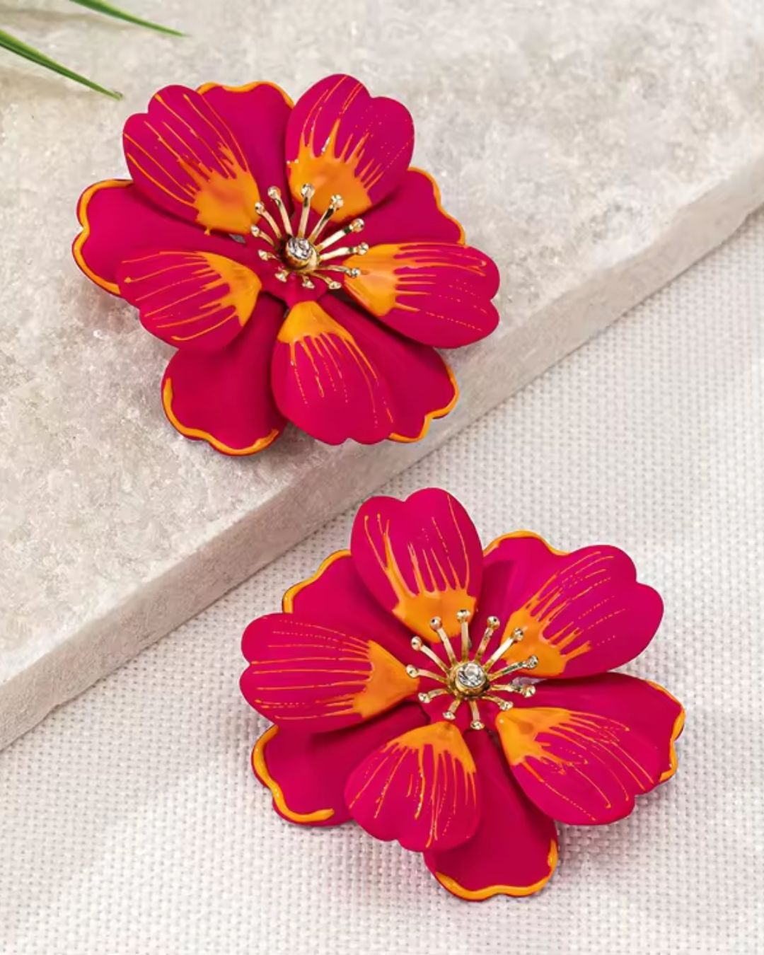 Pink Petal Enamel Flower Drop Earrings