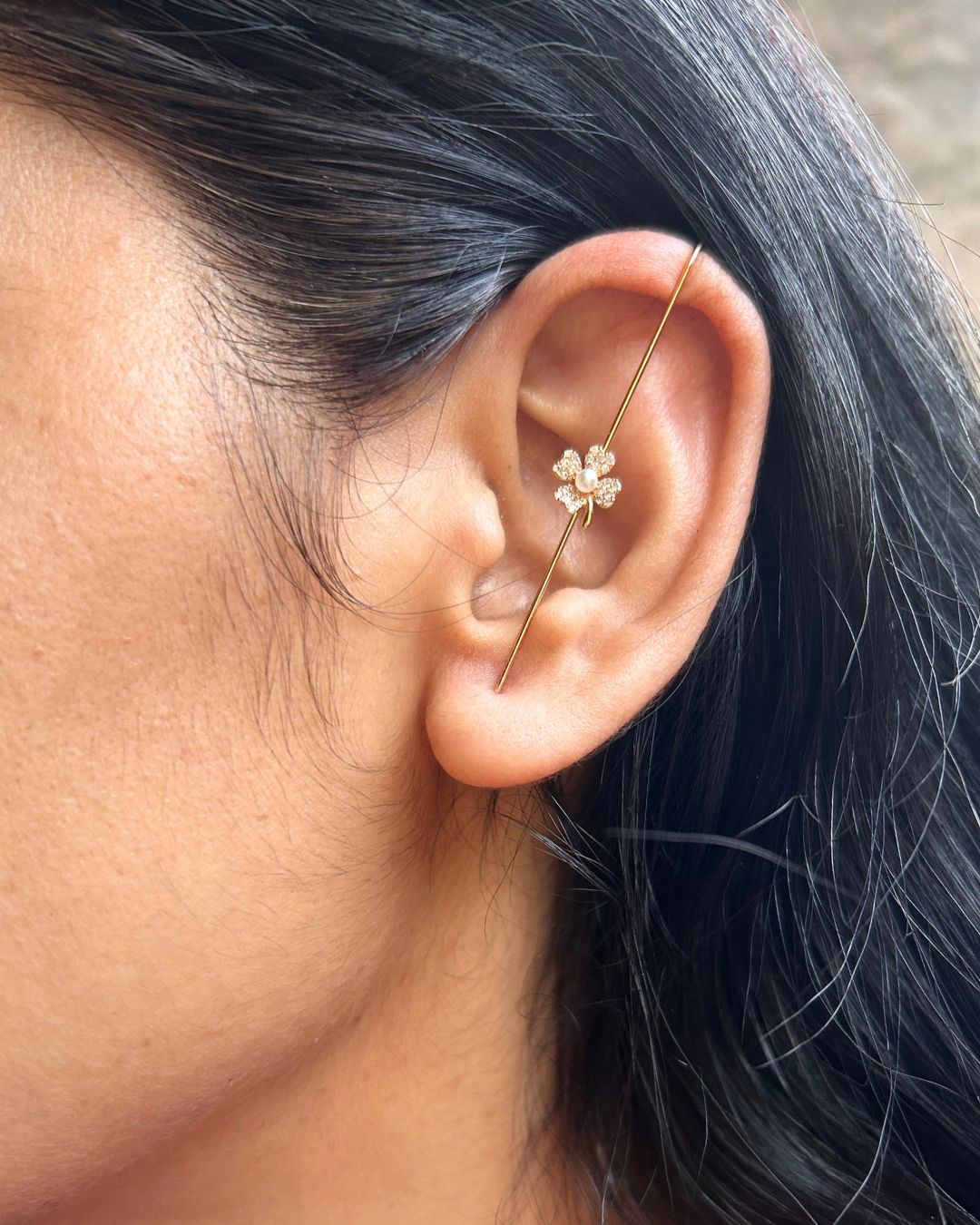 Golden Pearl Flower Ear Cuff