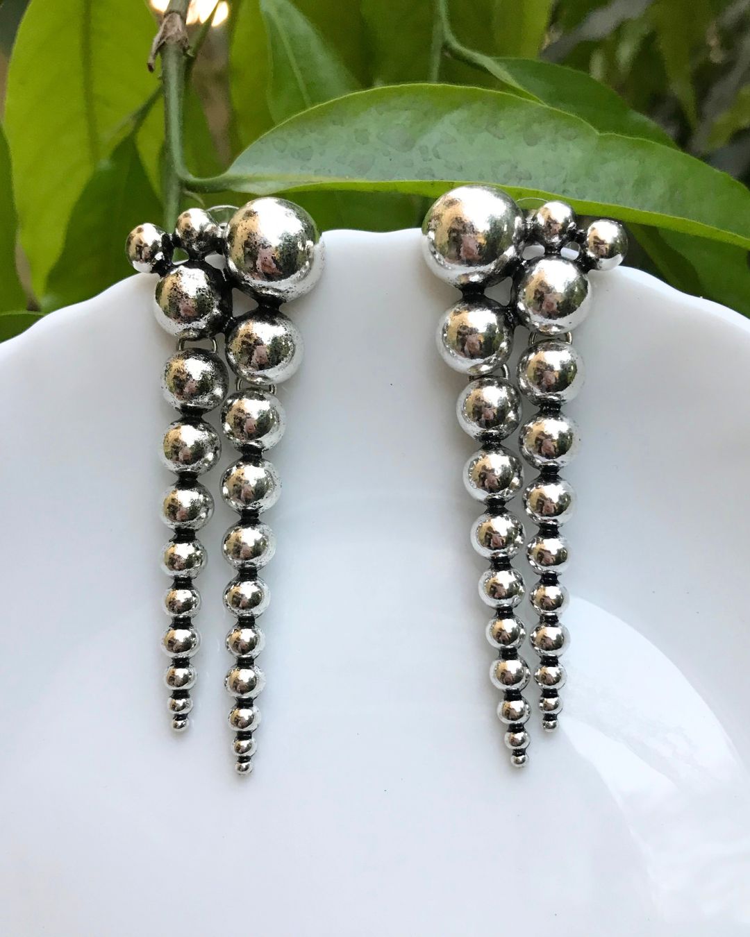 Silver Ball Bead Layered Drop Earrings