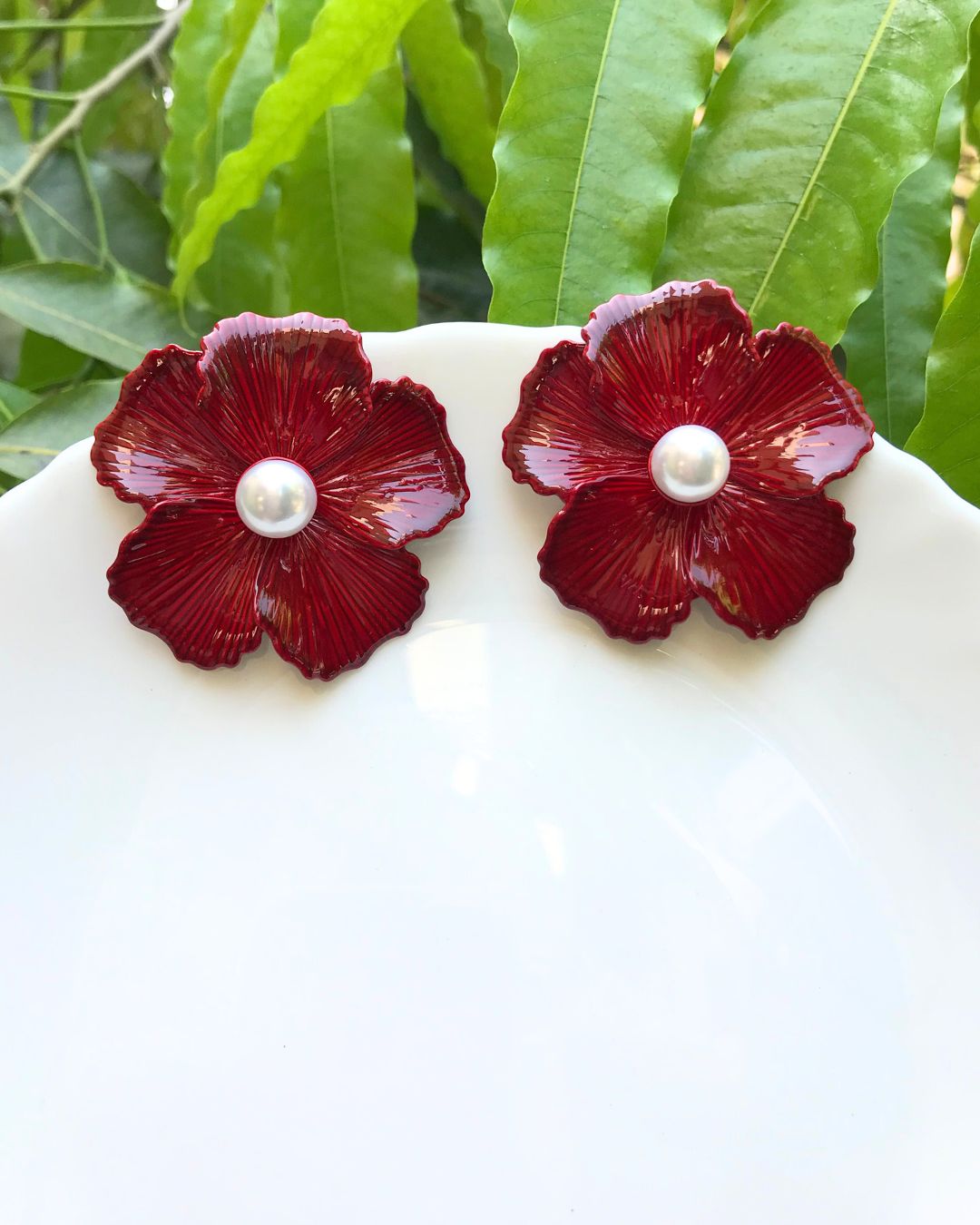 Maroon Enamel Pearl Floral Stud Earrings
