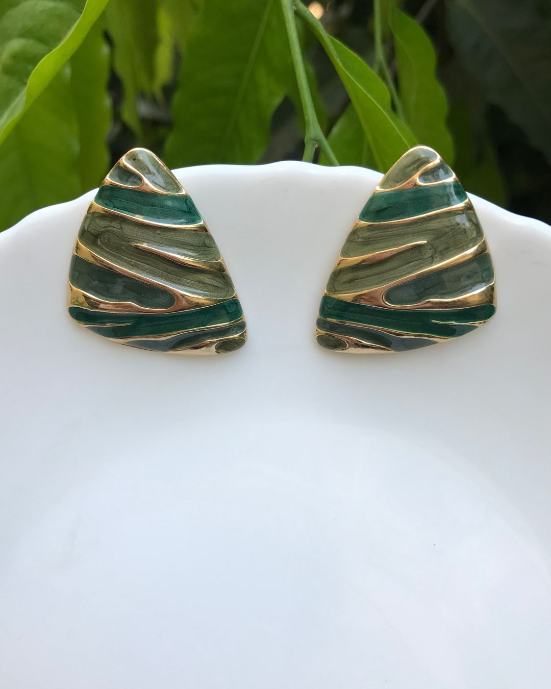 Green Wave Triangle Stud Earrings