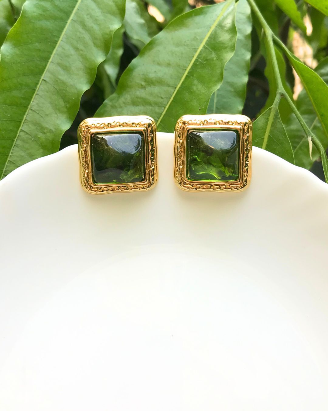 Green Square Crystal Stud Earrings