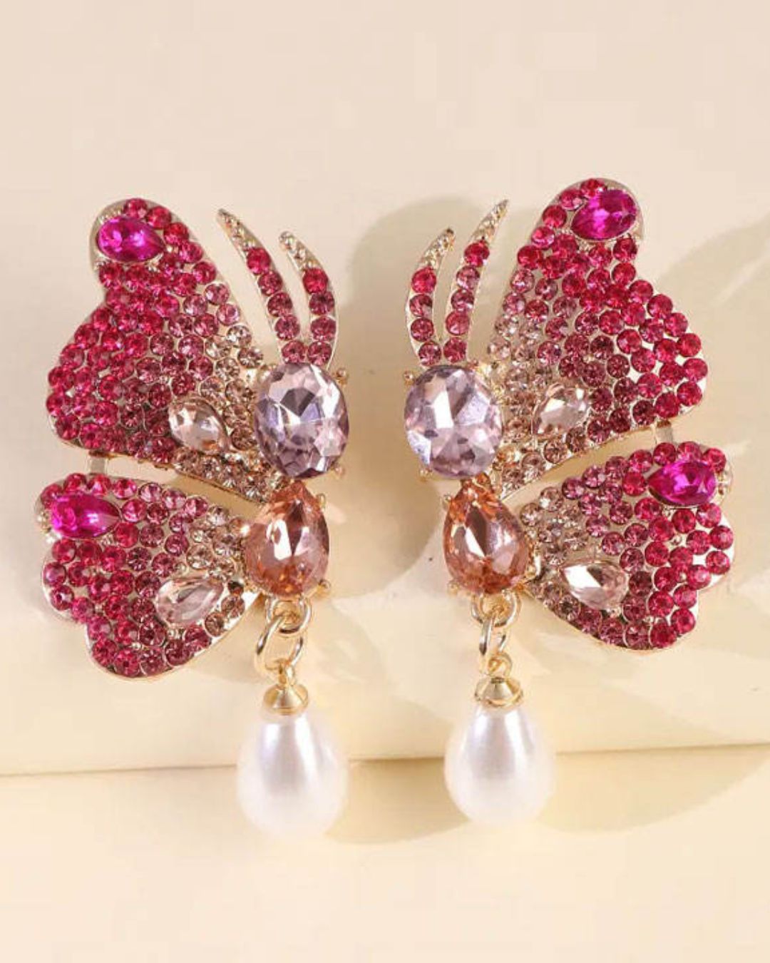 Pink Rhinestones Butterfly Stud Earrings