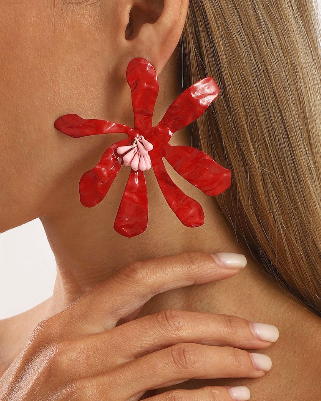 Red Petal Beaded Flower Stud Earrings