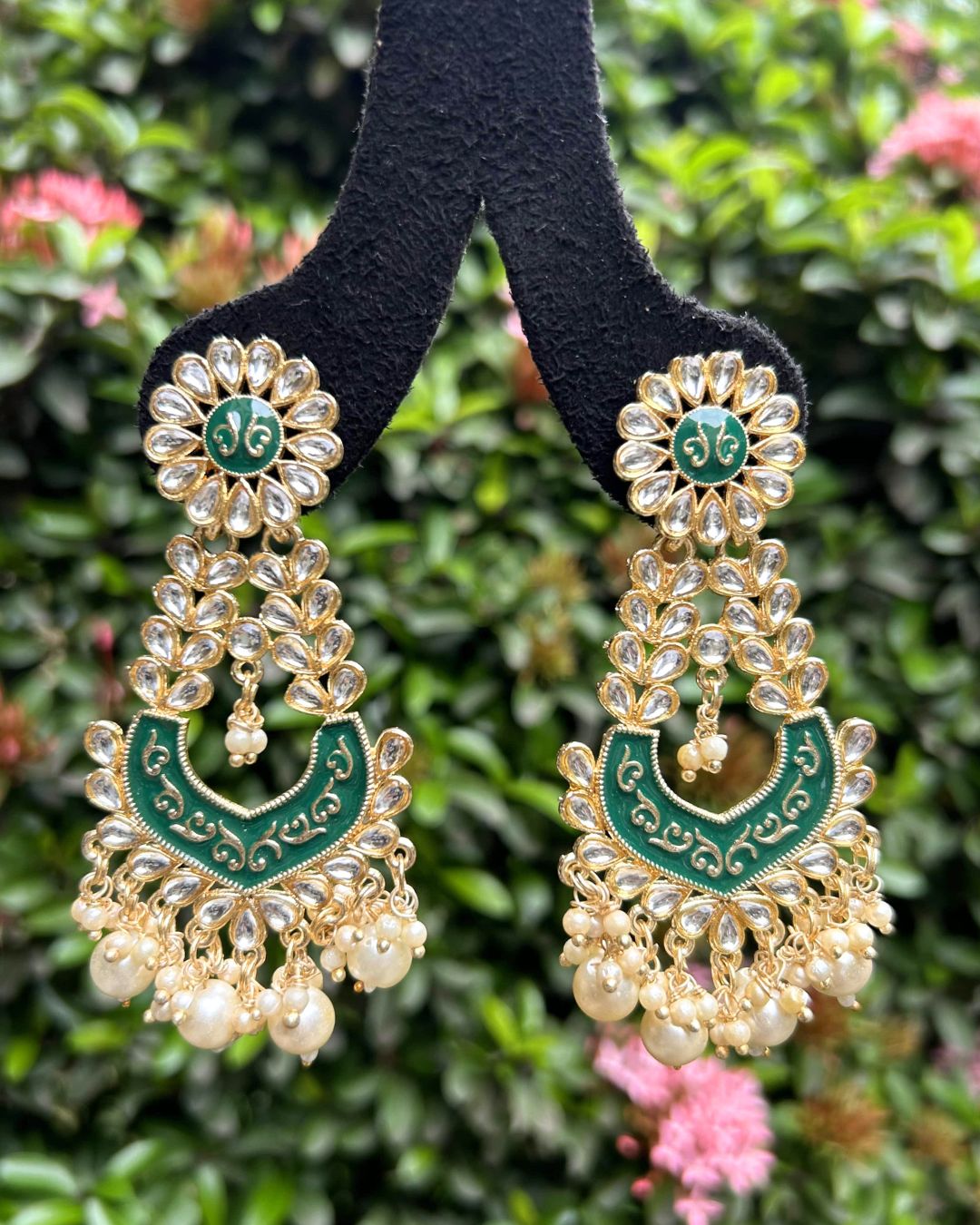 Green Gold-Plated Kundan-Studded Enamelled Classic Drop Earrings
