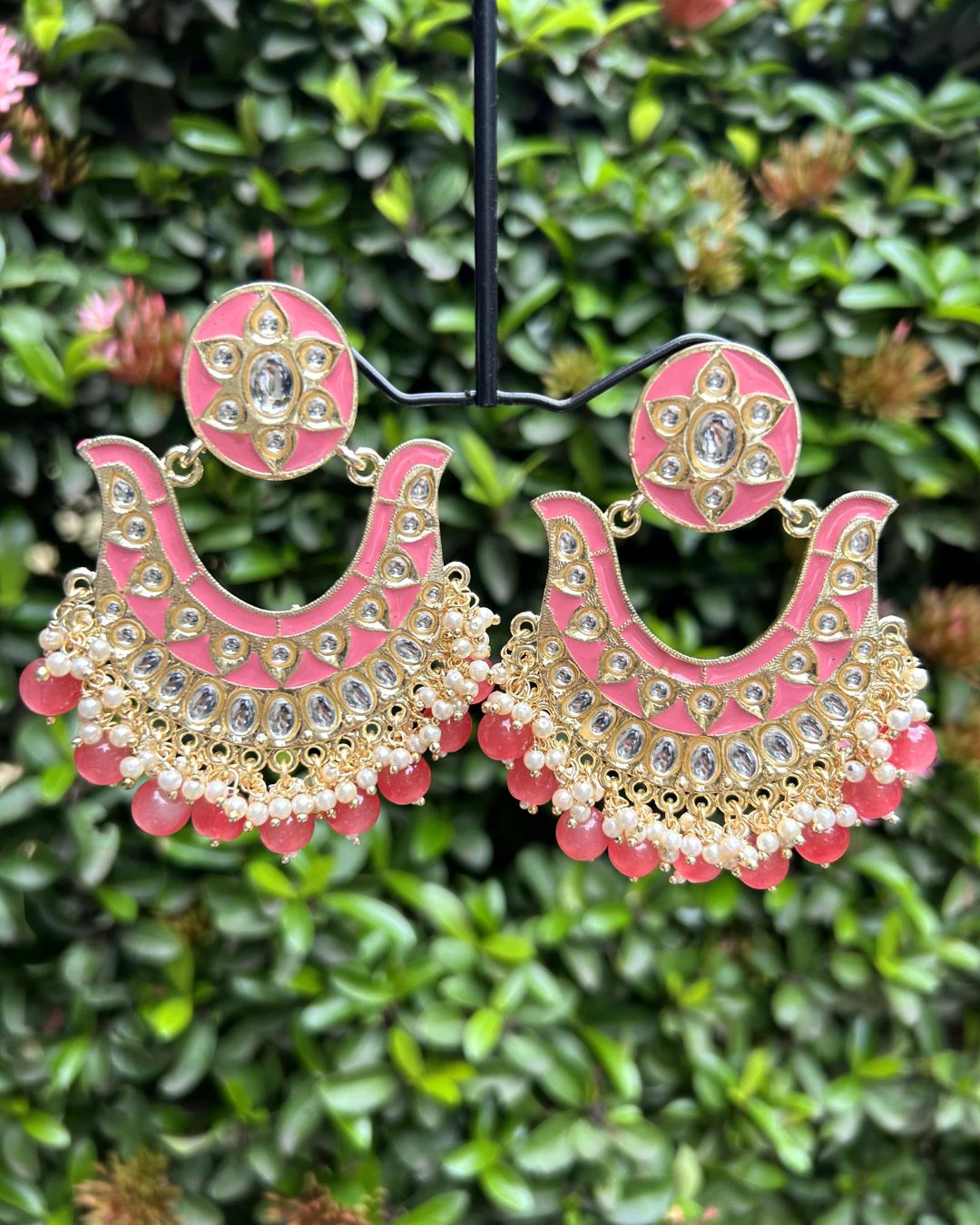 Pink Gold-Plated Handcrafted Kundan Studded Enamelled Chandbalis