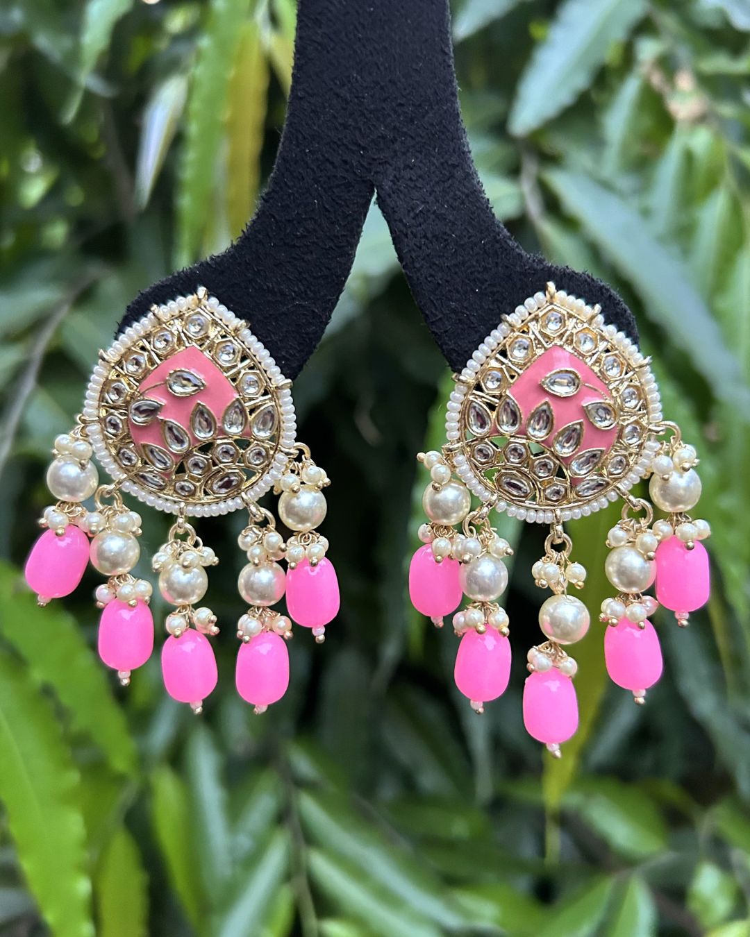Gold-Plated & Pink Kundan Studded Classic Drop Earrings