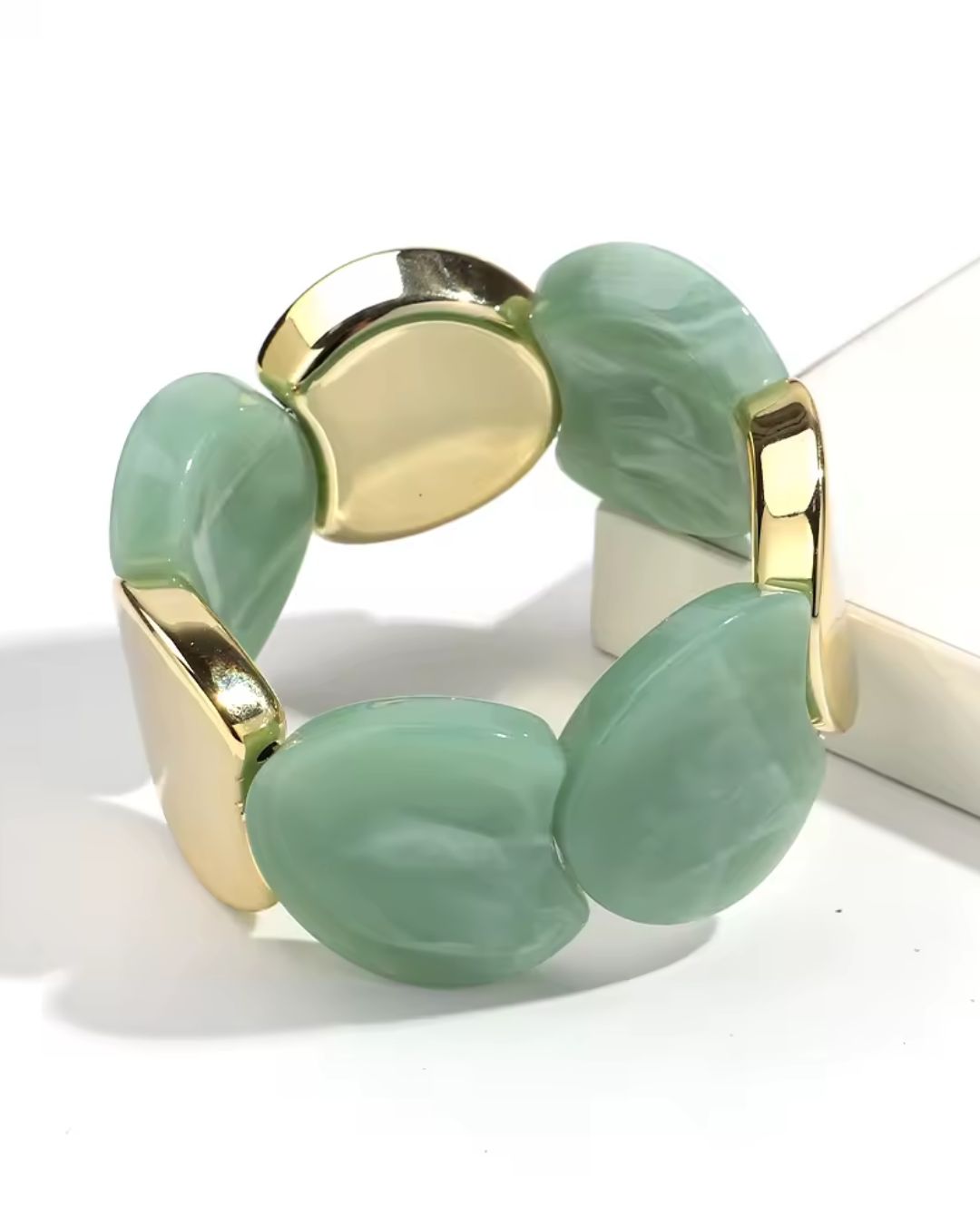 Green Acrylic Marble Gold Geometric Disc Stretchable Bracelet