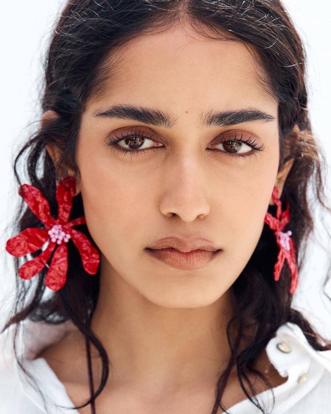 Red Petal Beaded Flower Stud Earrings