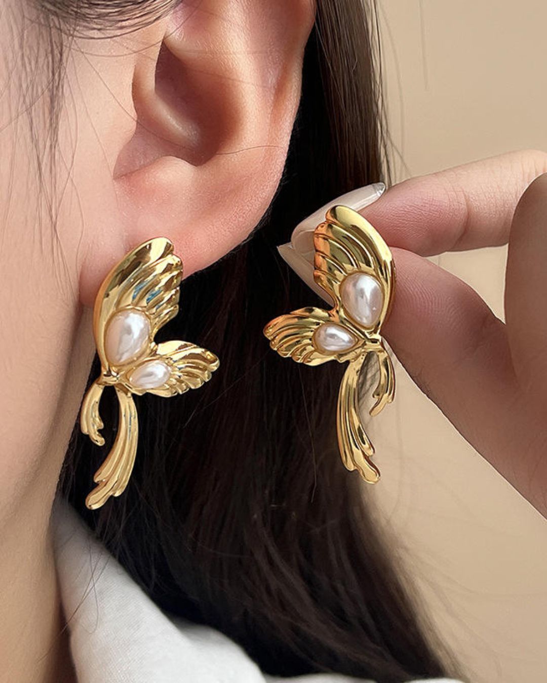 Butterfly Golden Pearl Stud Earrings