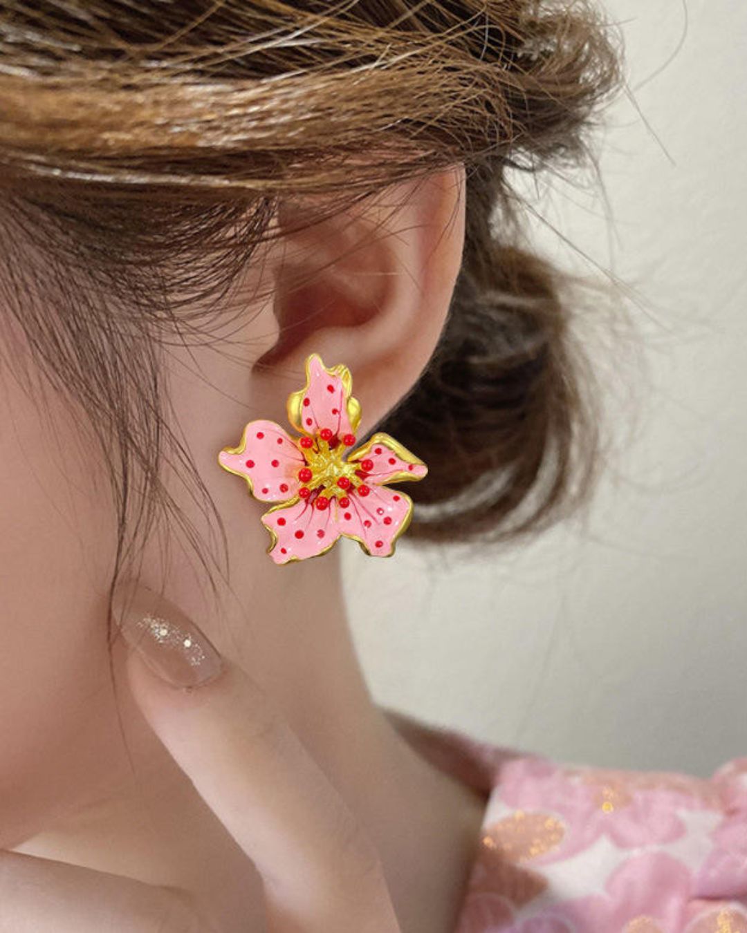 Pink Red Floral Stud Earrings