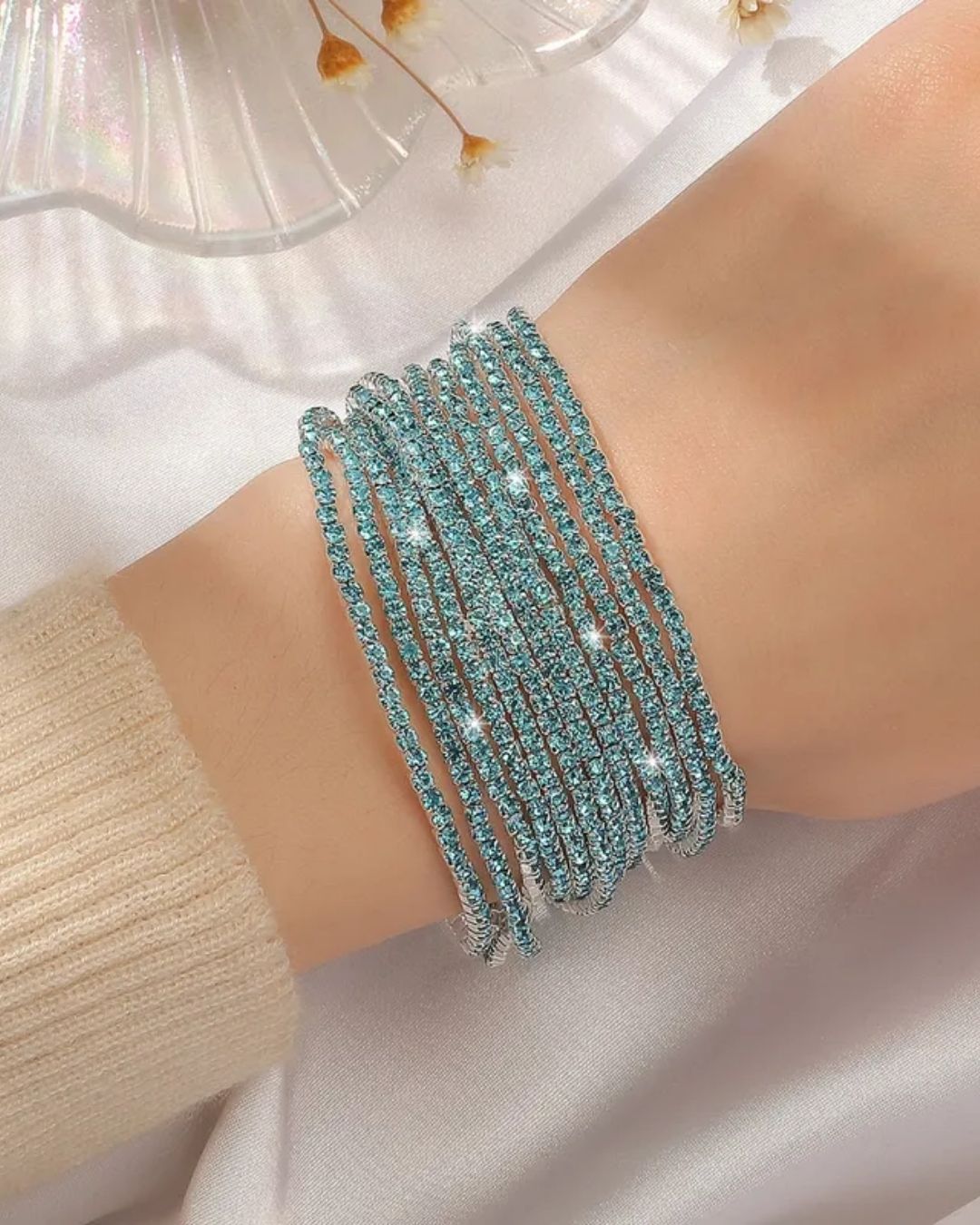 Stretchable Ocean Blue Silver Plated Bracelet - Pack of 12