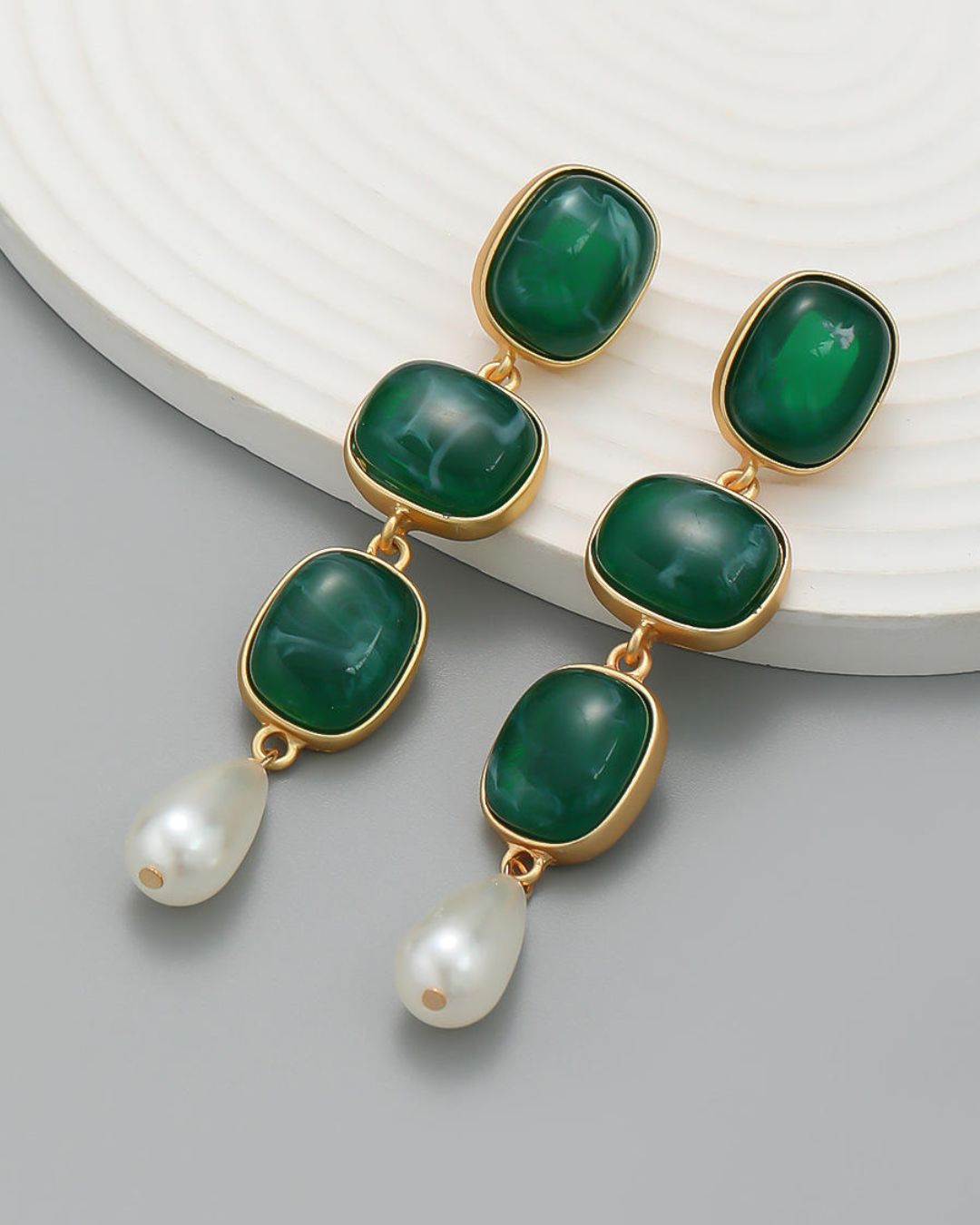 Square Green Three Layered Earrings