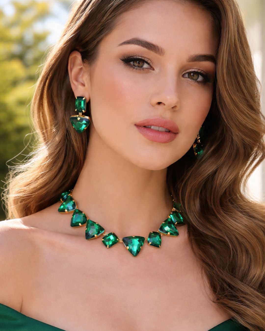 Green Crystal Statement Necklace Set