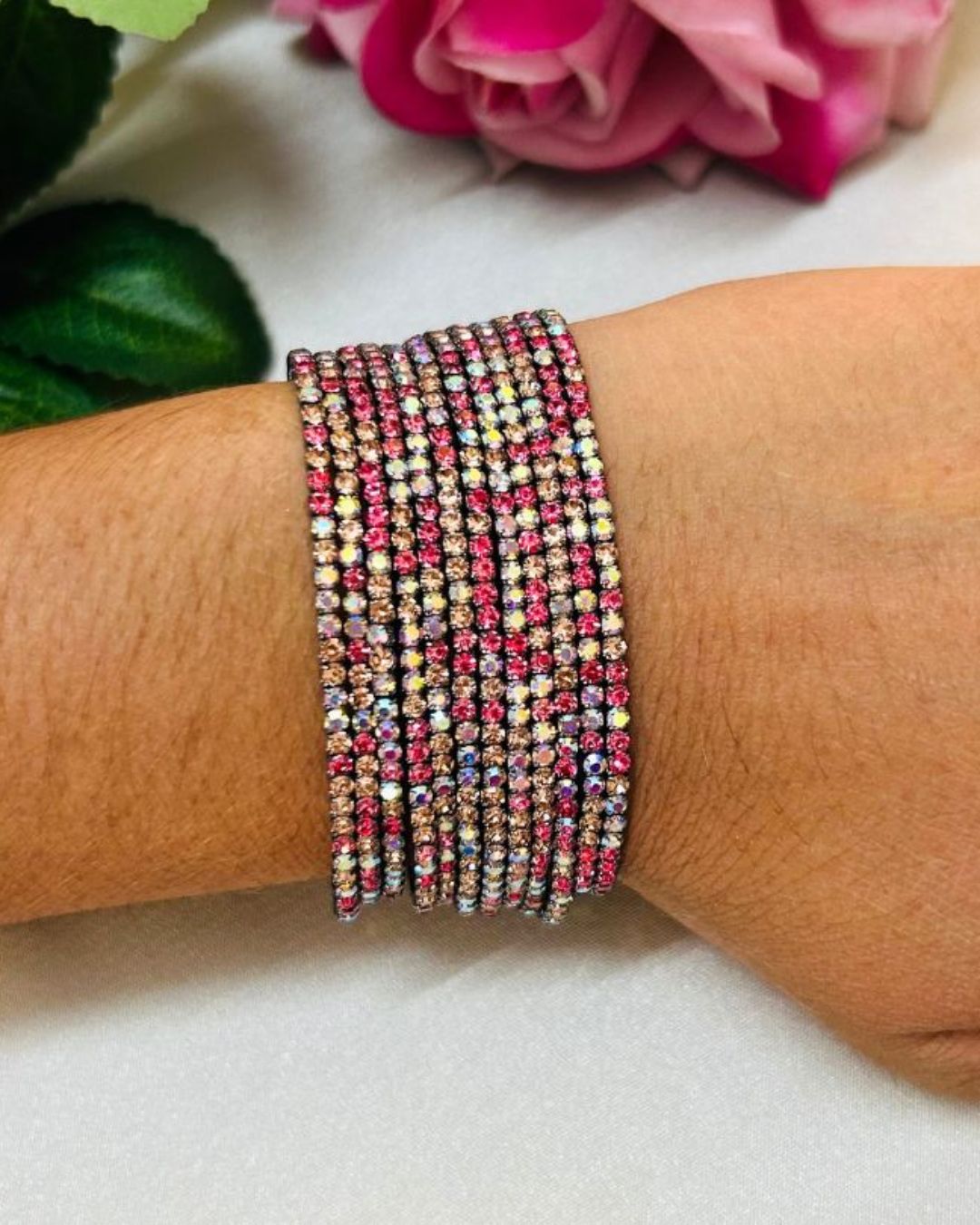 Stretchable Mix Pink Multi Rhodium - Plated Bracelet