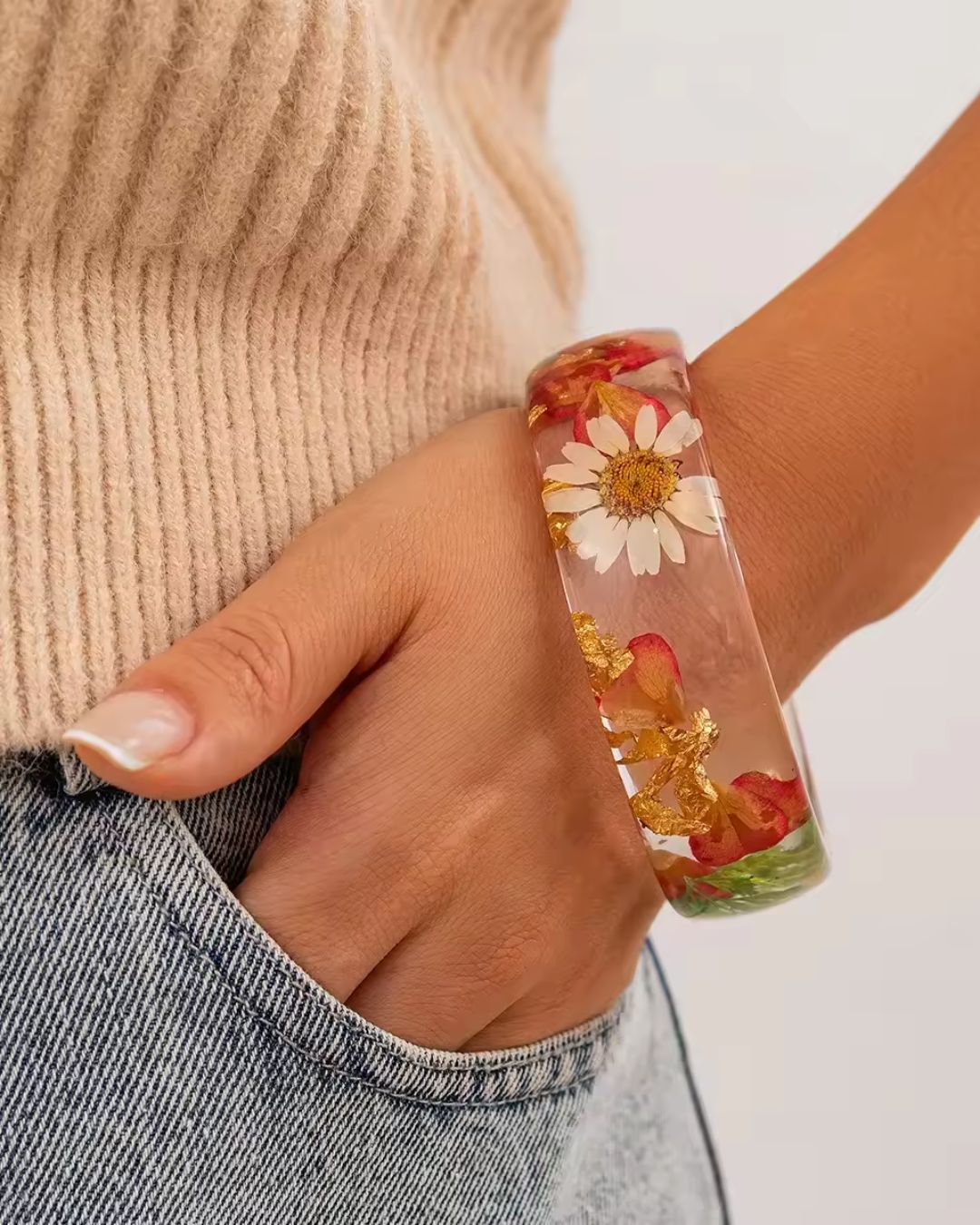 Pink Flower Resin Transparent Bangles