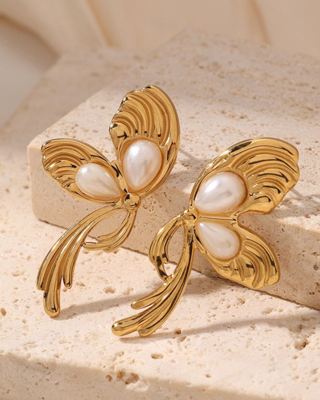 Butterfly Golden Pearl Stud Earrings