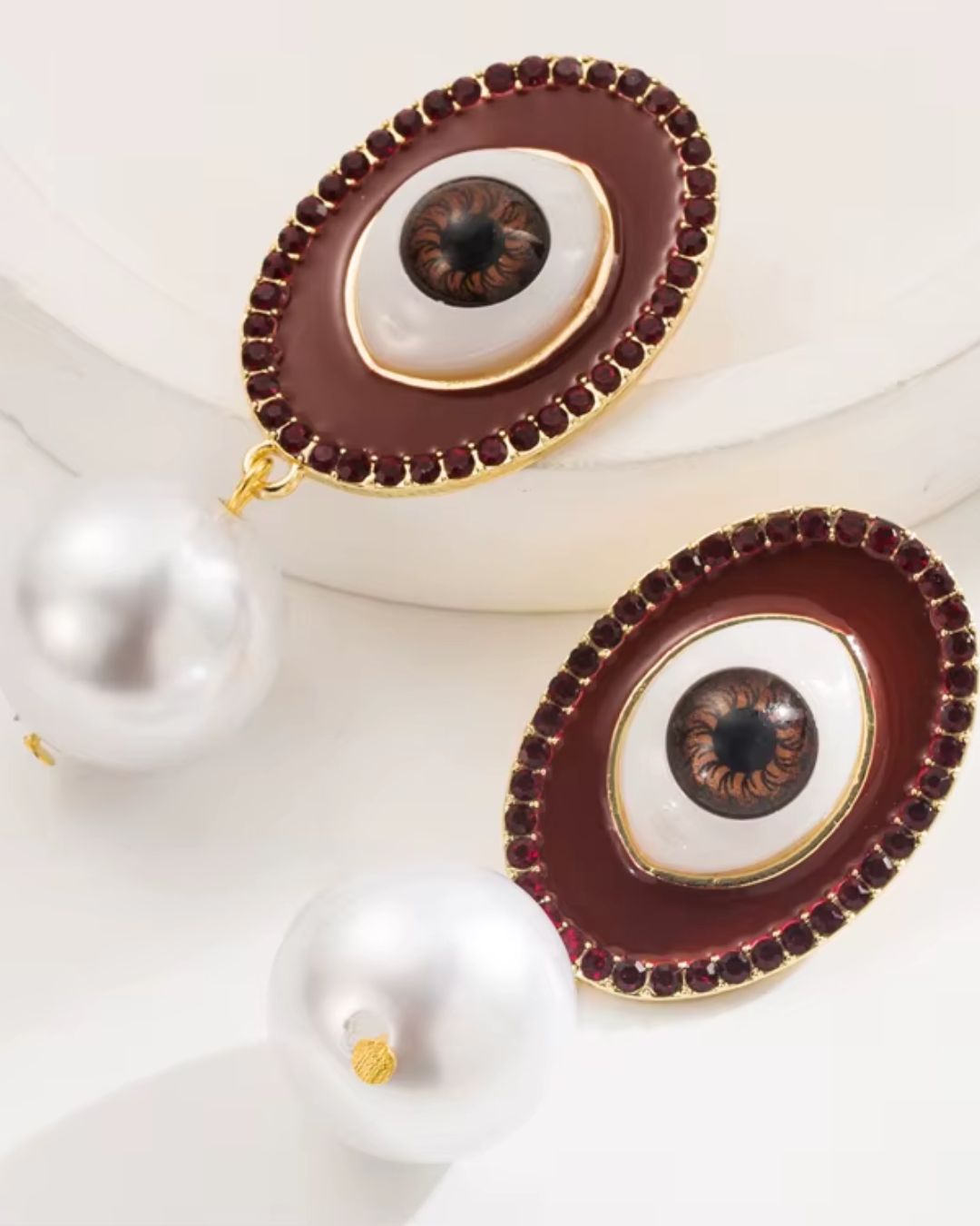 Maroon Pearl Evil Eye Drop Earrings