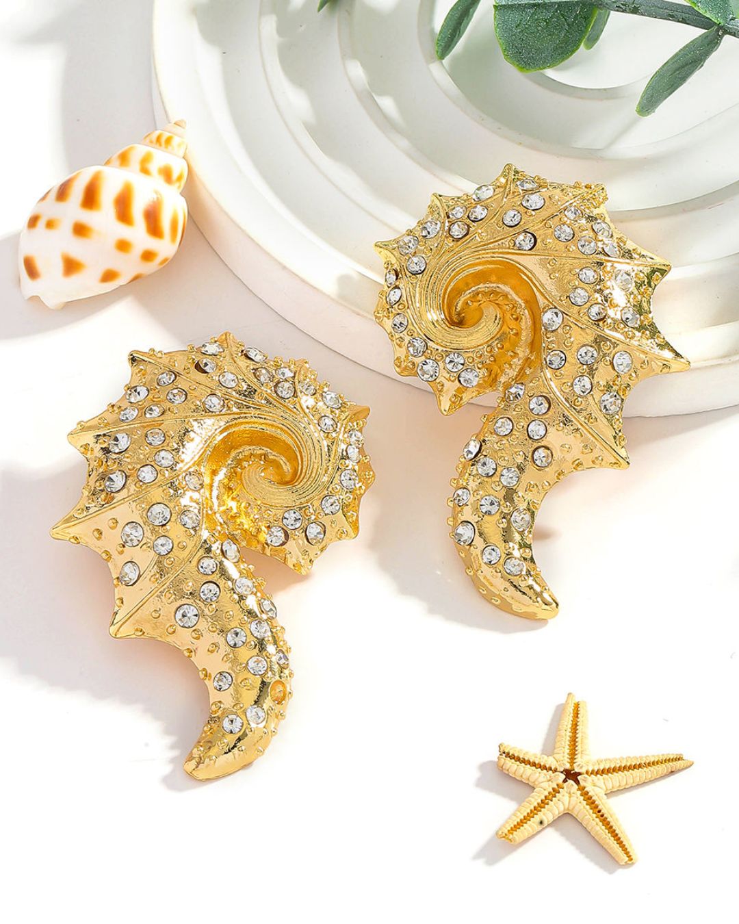 Ocean Beach Metal Crystal Conch Stud Earrings