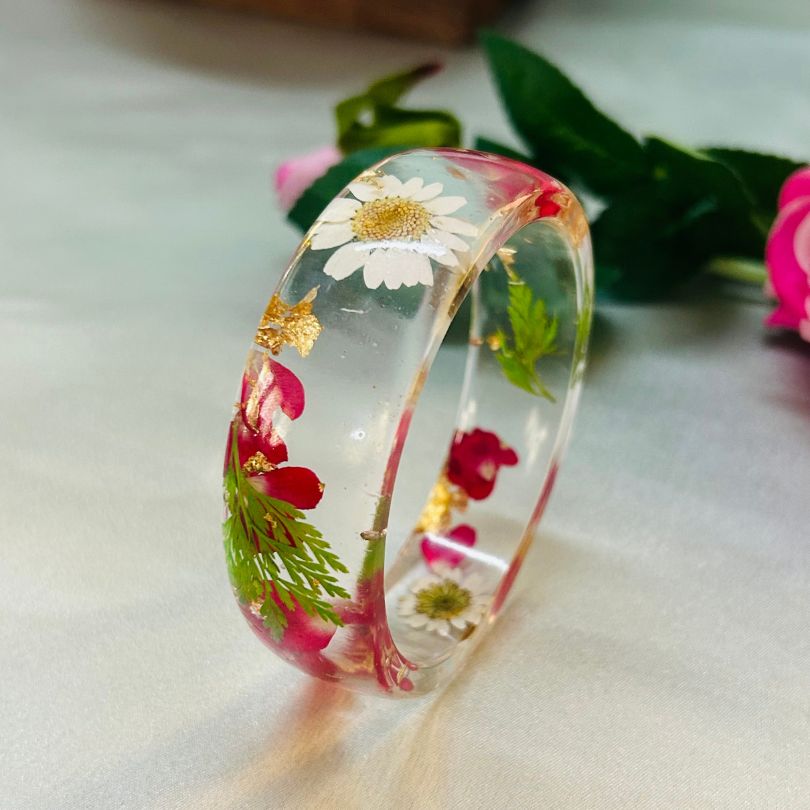 Pink Flower Resin Transparent Bangles