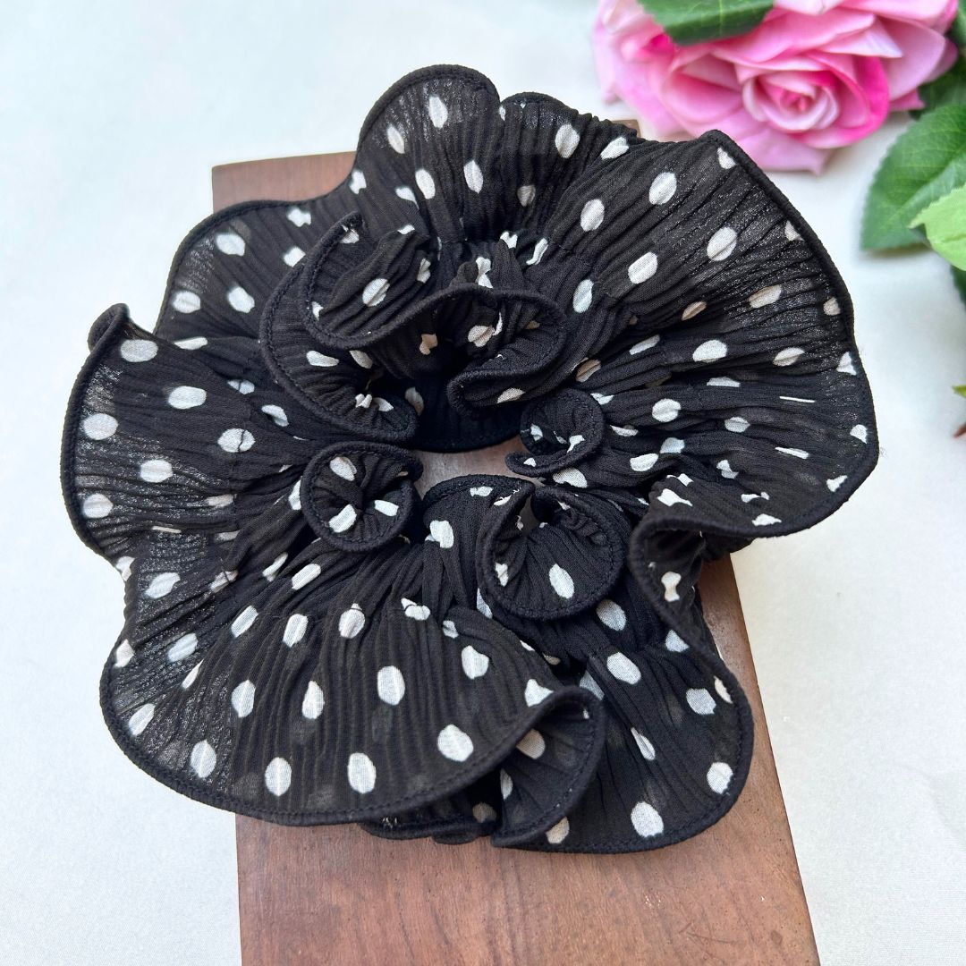 Polka Dot Pleated Black Oversized Scrunchie