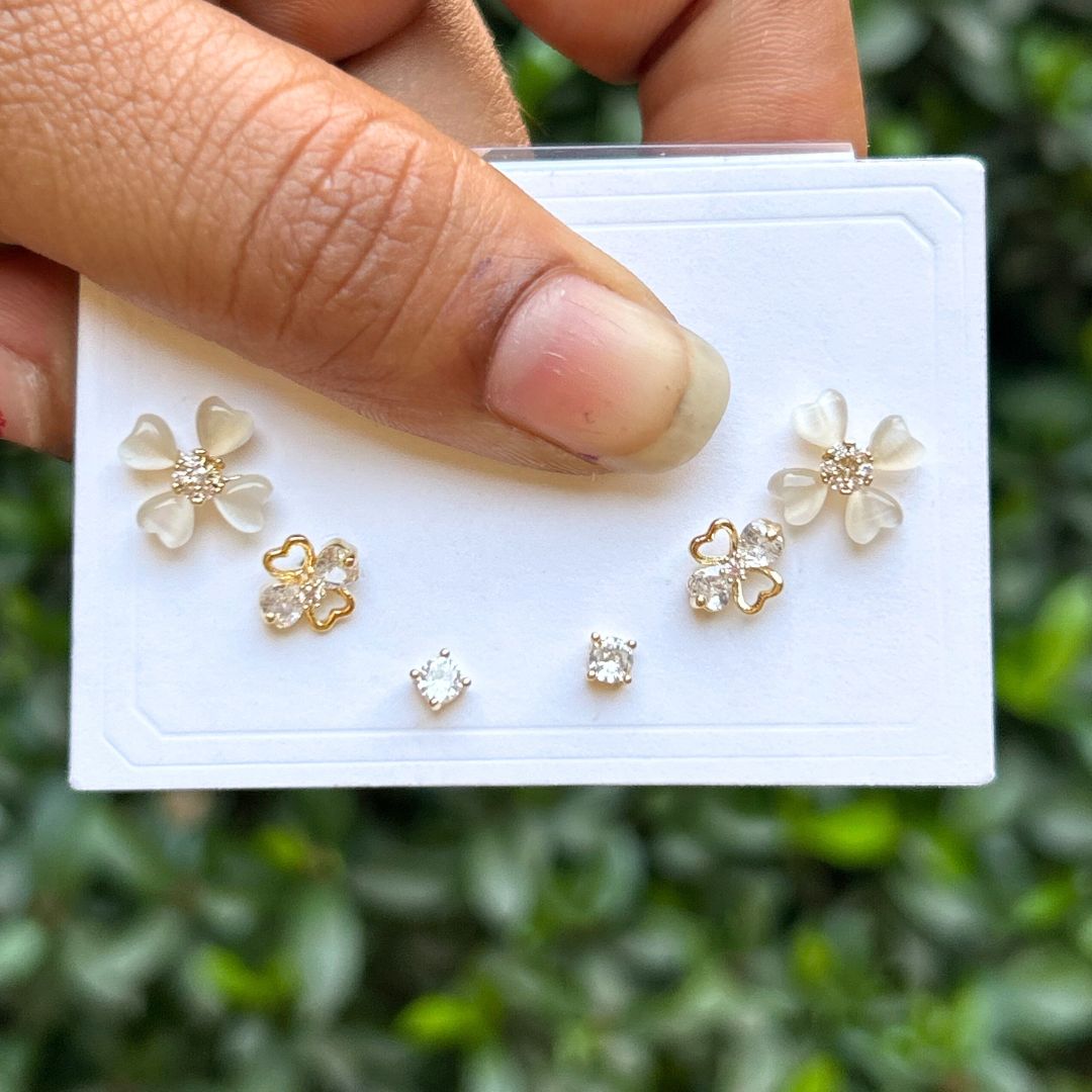 Set Of 3 Floral Stud Earrings