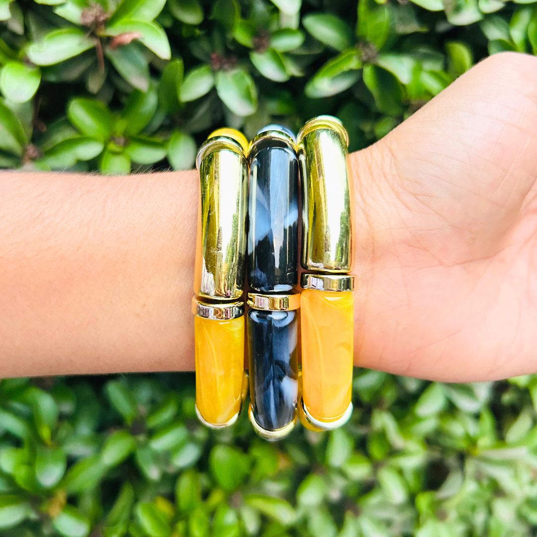Vintage Acrylic Bracelet Set  - Yellow And Navy Blue
