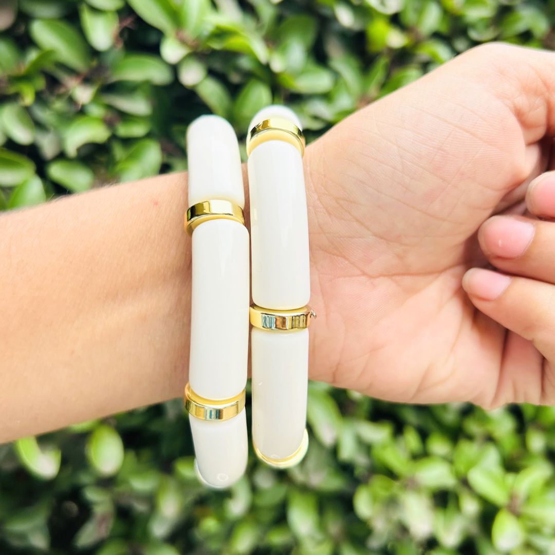 Vintage Acrylic Bracelet Set - White And Brown