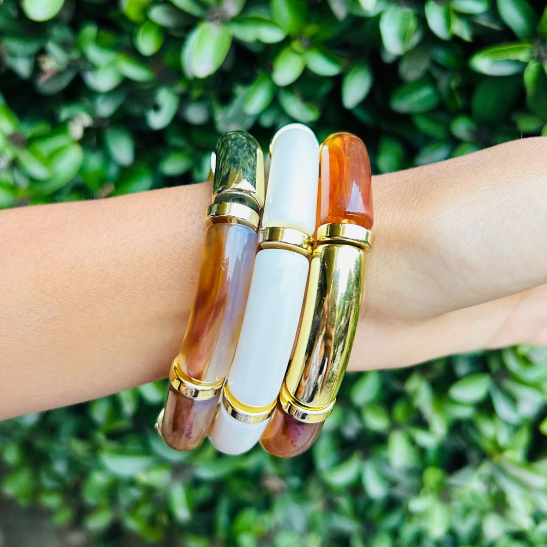 Vintage Acrylic Bracelet Set - White And Brown