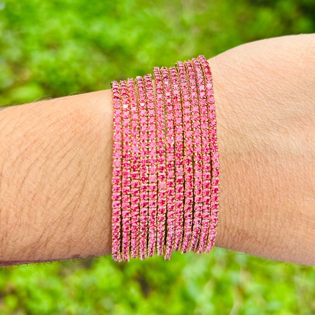 Stretchable Pink Linestone Gold- Plated Bracelet - Pack of 12