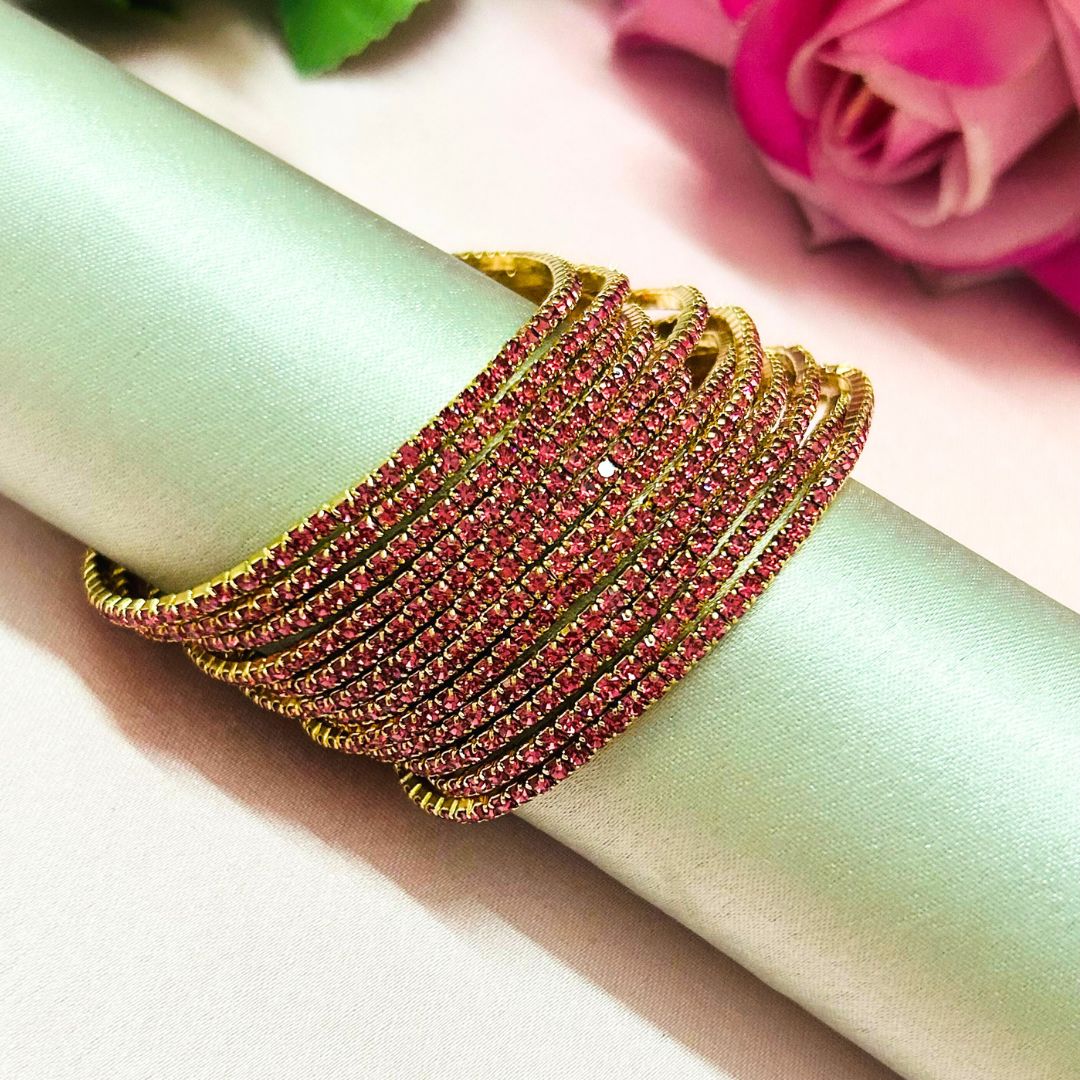 Stretchable Pink Linestone Gold- Plated Bracelet - Pack of 12